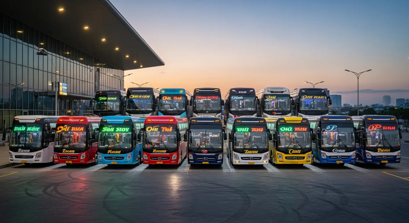 Dàn xe khách limousine hiện đại nhiều màu sắc đỗ tại bến xe vào lúc hoàng hôn, sẵn sàng phục vụ hành khách.