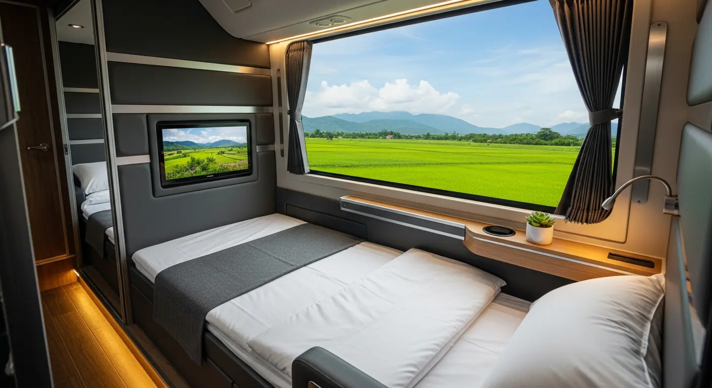 Nội thất xe limousine giường nằm sang trọng với cửa sổ lớn nhìn ra cánh đồng lúa xanh mướt, trang bị TV và đèn đọc sách
