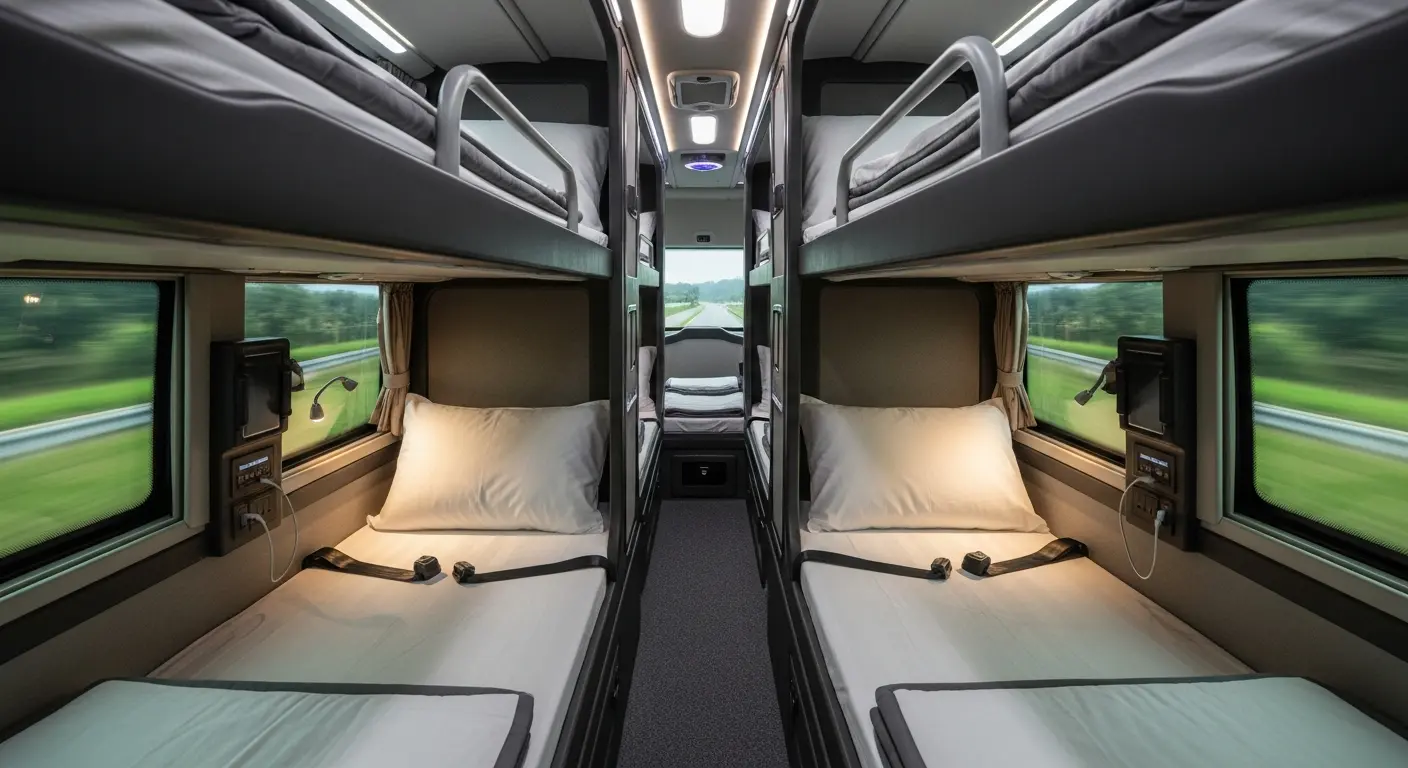 Interior of a modern luxury sleeper bus (limousine bus) featuring comfortable bunk beds, personal reading lights, power outlets, and large windows with a view of a green landscape during travel.
