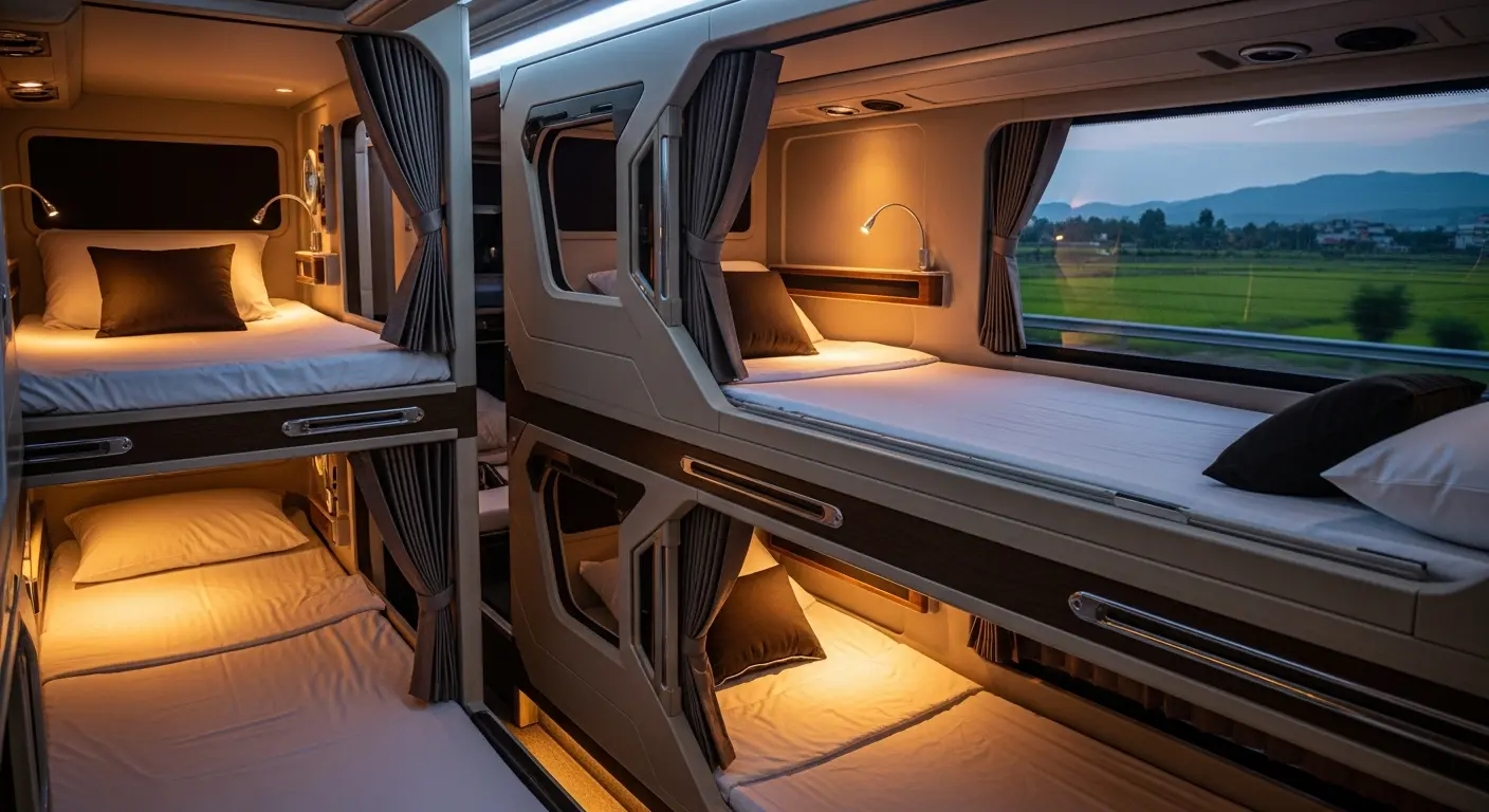 Nội thất xe limousine giường nằm hiện đại với các cabin riêng tư, ánh sáng ấm cúng và cửa sổ nhìn ra cánh đồng xanh mát