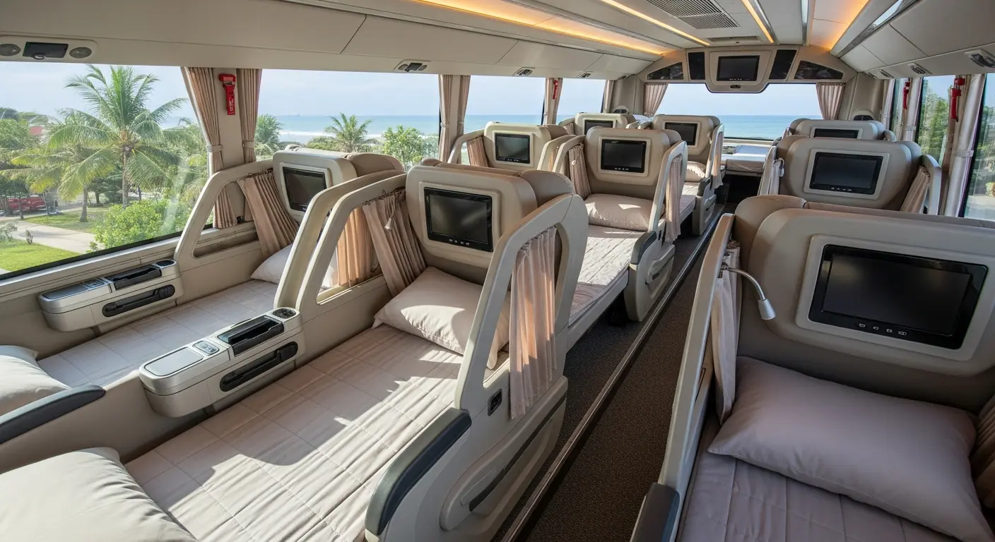 Nội thất xe limousine giường nằm cao cấp với các khoang ngủ riêng tư, trang bị màn hình giải trí cá nhân và khung cửa sổ nhìn ra biển xanh