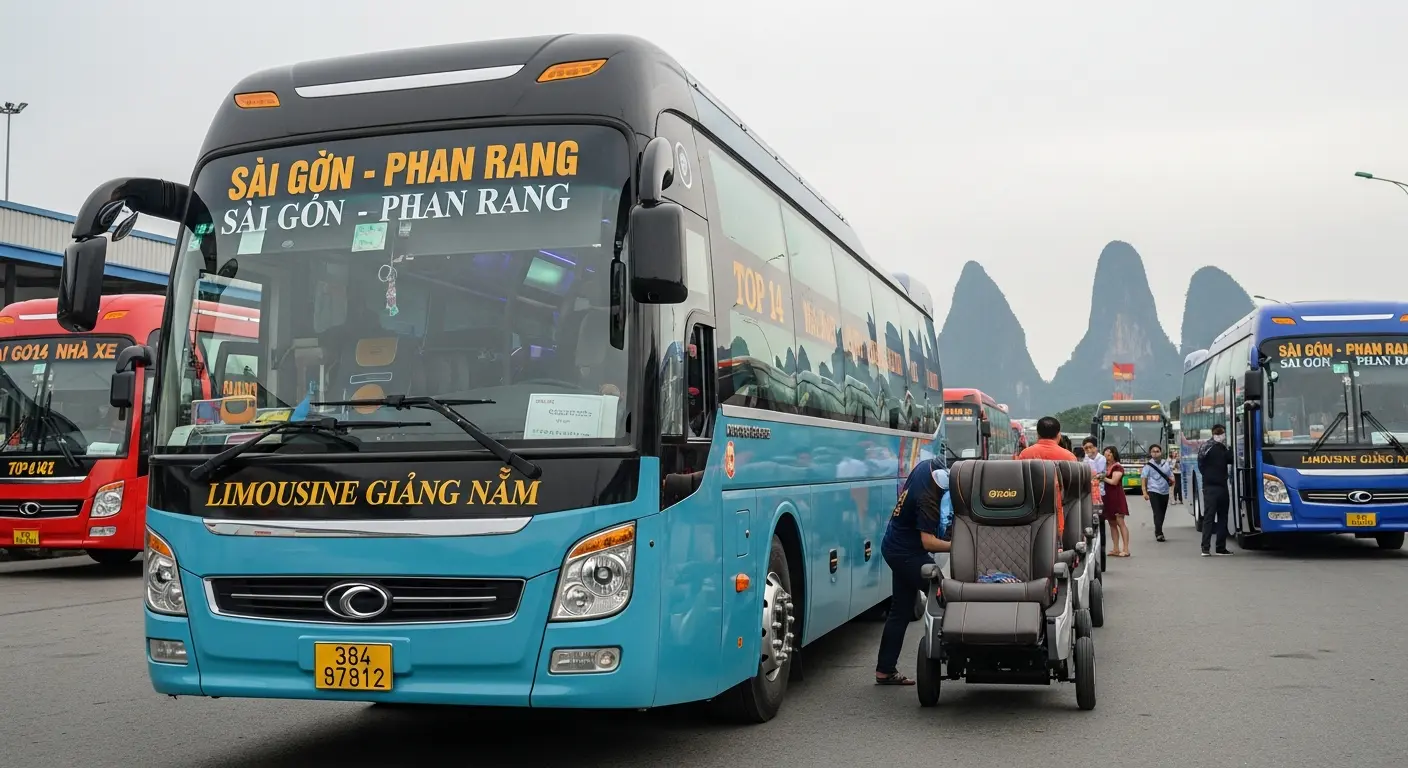 A turquoise blue 'Sài Gòn - Phan Rang' limousine sleeper bus at a Vietnamese bus terminal, with passengers and scenic mountains in the background