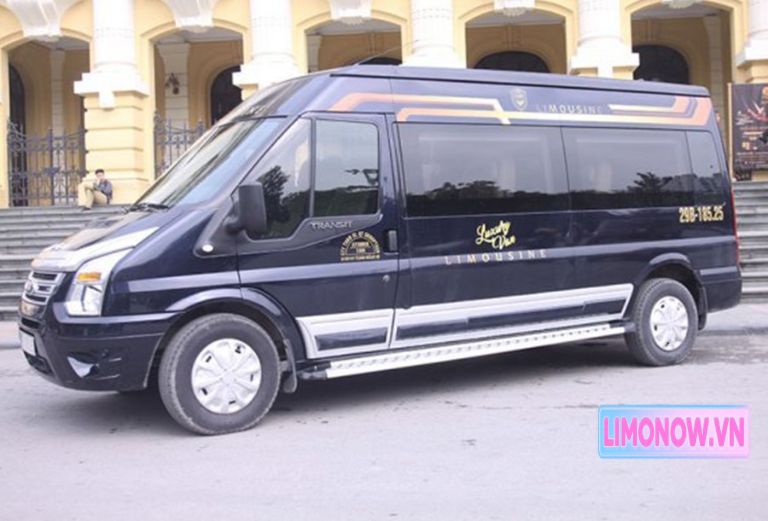 Xe limousine Daily Limousine màu đen sang trọng, nổi bật với họa tiết vàng, đậu bên đường phố xanh mát. Thích hợp cho dịch vụ Sài Gòn Pleiku Gia Lai.