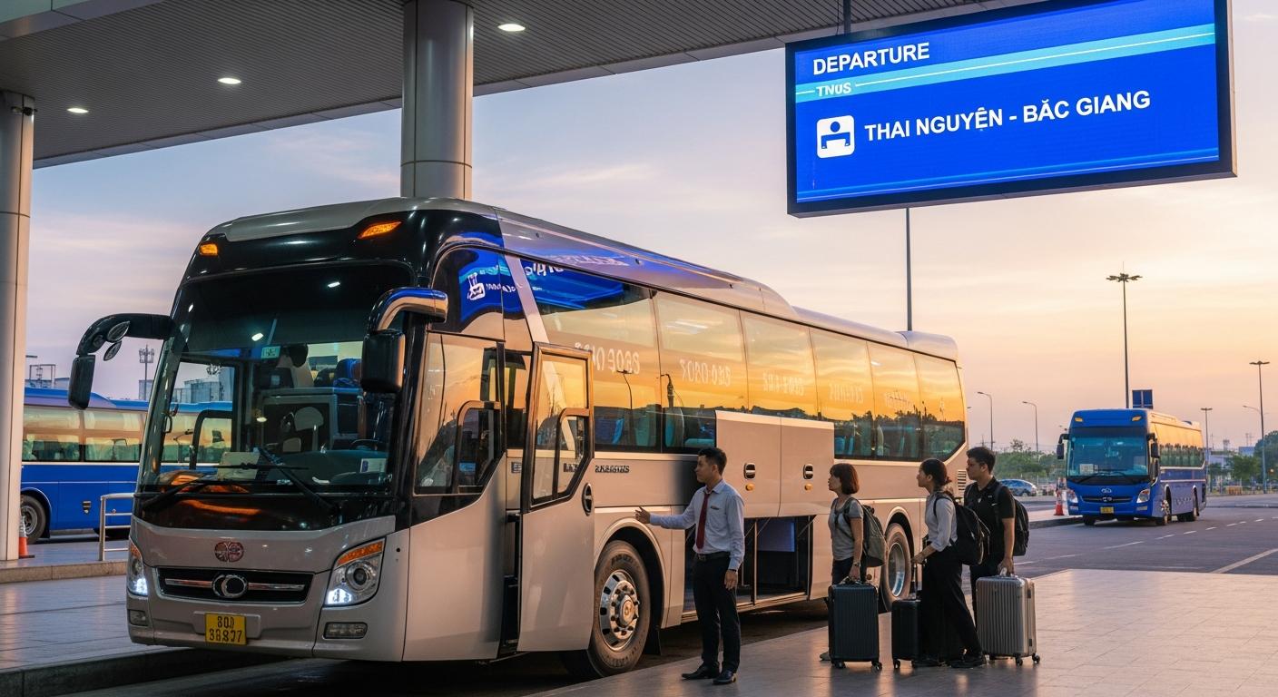 Xe khách limousine tuyến Thái Nguyên - Bắc Giang tại bến, hành khách đang lên xe.