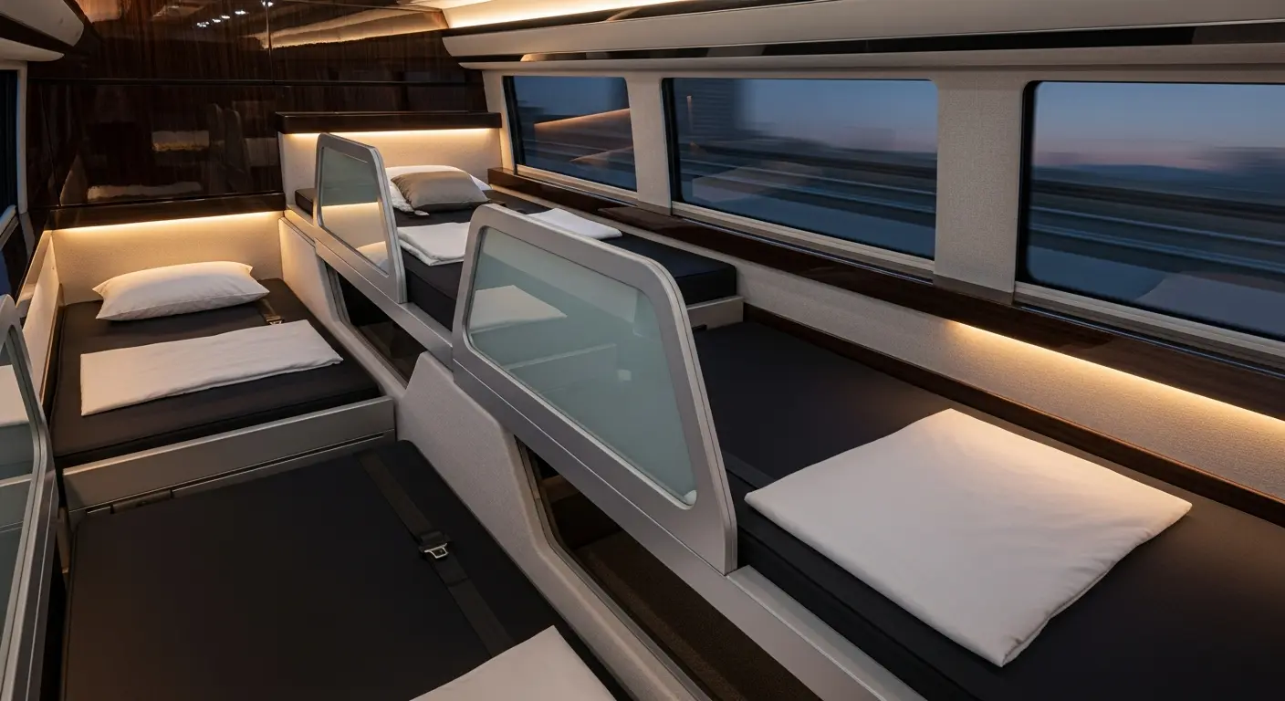 Nội thất xe limousine giường nằm cao cấp với các khoang ngủ riêng tư, giường đệm êm ái, chăn gối và cửa sổ lớn.