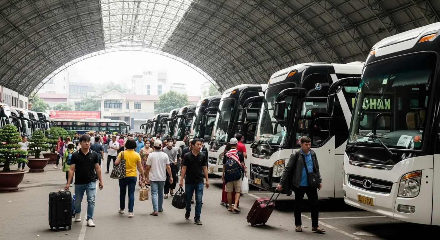 Bến xe Mỹ Đình đông đúc hành khách và nhiều xe khách limousine hiện đại màu trắng đen xếp hàng dài, tạo nên khung cảnh nhộn nhịp của trung tâm vận chuyển.
