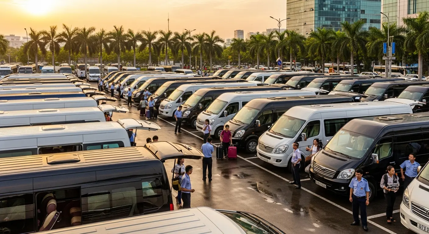 Bãi đậu xe limousine tấp nập tại bến xe Mỹ Đình, với nhiều xe khách trắng đen và hành khách đang chuẩn bị khởi hành