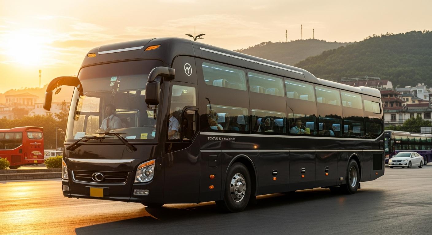 Xe khách limousine giường nằm màu đen đang chạy trên đường vào lúc hoàng hôn, phục vụ tuyến Thái Nguyên Hà Giang Đồng Văn