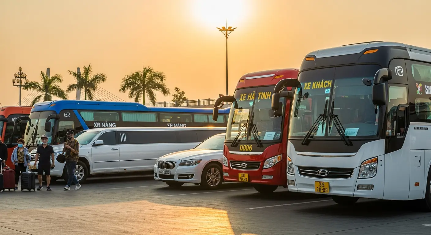 Các xe khách và xe limousine hiện đại đỗ tại bãi, hành khách mang hành lý chuẩn bị khởi hành cho tuyến Đà Nẵng Hà Tĩnh dưới ánh hoàng hôn.