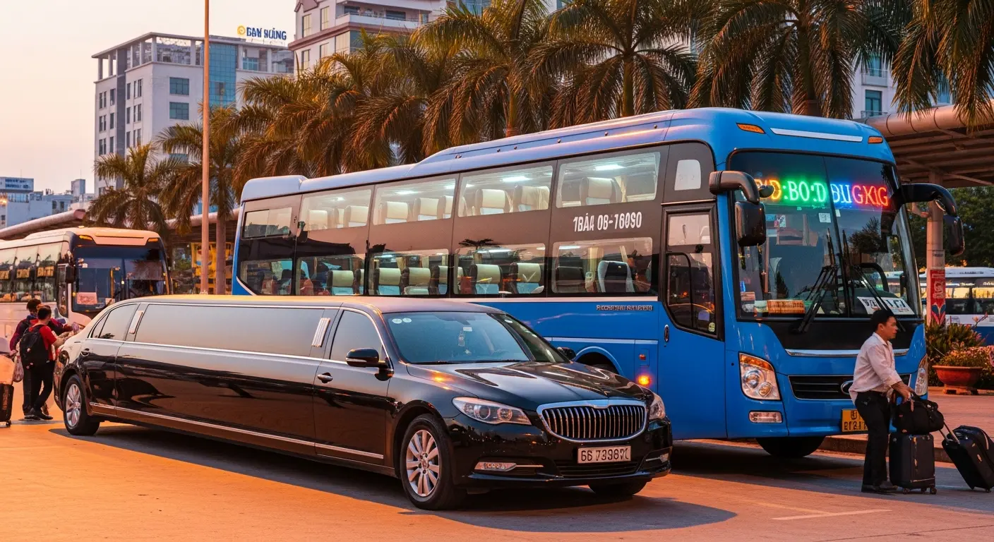 Xe limousine đen sang trọng và xe khách giường nằm hai tầng màu xanh tại bến xe, có hành khách và hành lý, cảnh tượng thường thấy ở các nhà xe đường dài.