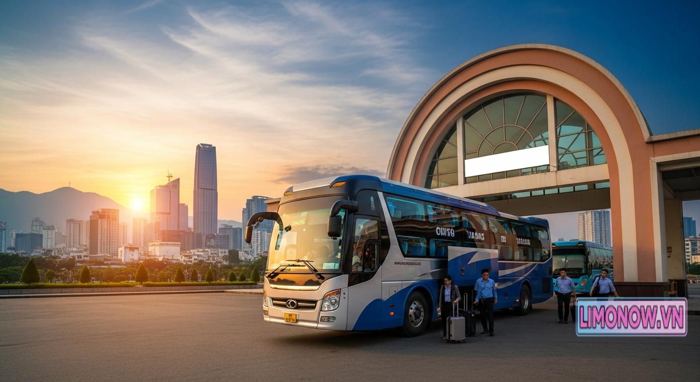 Xe limousine giường nằm cao cấp tại bến xe, chuẩn bị cho chuyến đi từ Thái Nguyên đến Hải Dương vào buổi hoàng hôn.