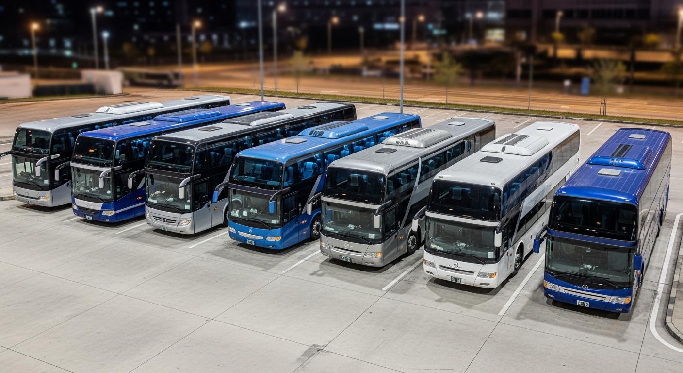 Dàn xe khách limousine giường nằm cao cấp của nhà xe tuyến Thái Nguyên Yên Nghĩa, bao gồm các loại xe buýt lớn hiện đại màu xanh và bạc đậu tại bãi chờ.