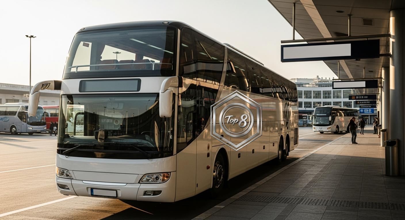 Xe khách limousine cao cấp và các nhà xe khác tại bến xe, nổi bật với biểu tượng Top 8, gợi ý về dịch vụ vận tải chất lượng như tuyến Thái Nguyên - Yên Nghĩa