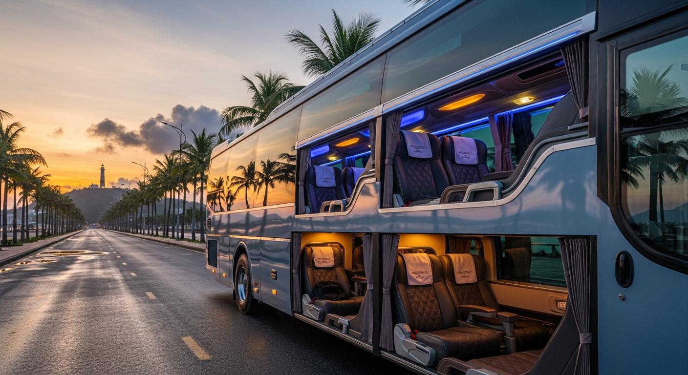 Xe limousine giường nằm cao cấp Thanh Hóa Vũng Tàu trên đường biển đẹp hoàng hôn.