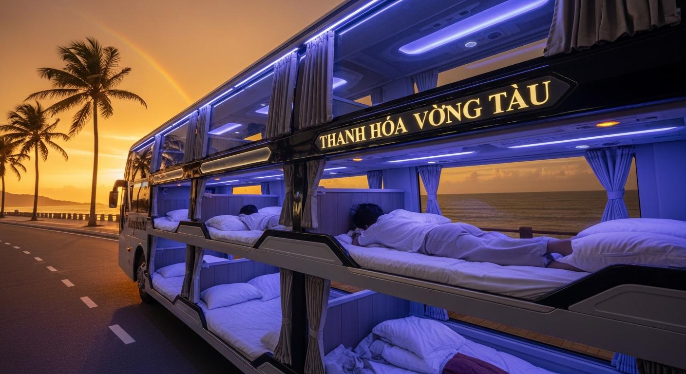 Xe limousine giường nằm Thanh Hóa Vũng Tàu đậu ven biển hoàng hôn có cầu vồng, thể hiện dịch vụ vận chuyển tiện nghi.