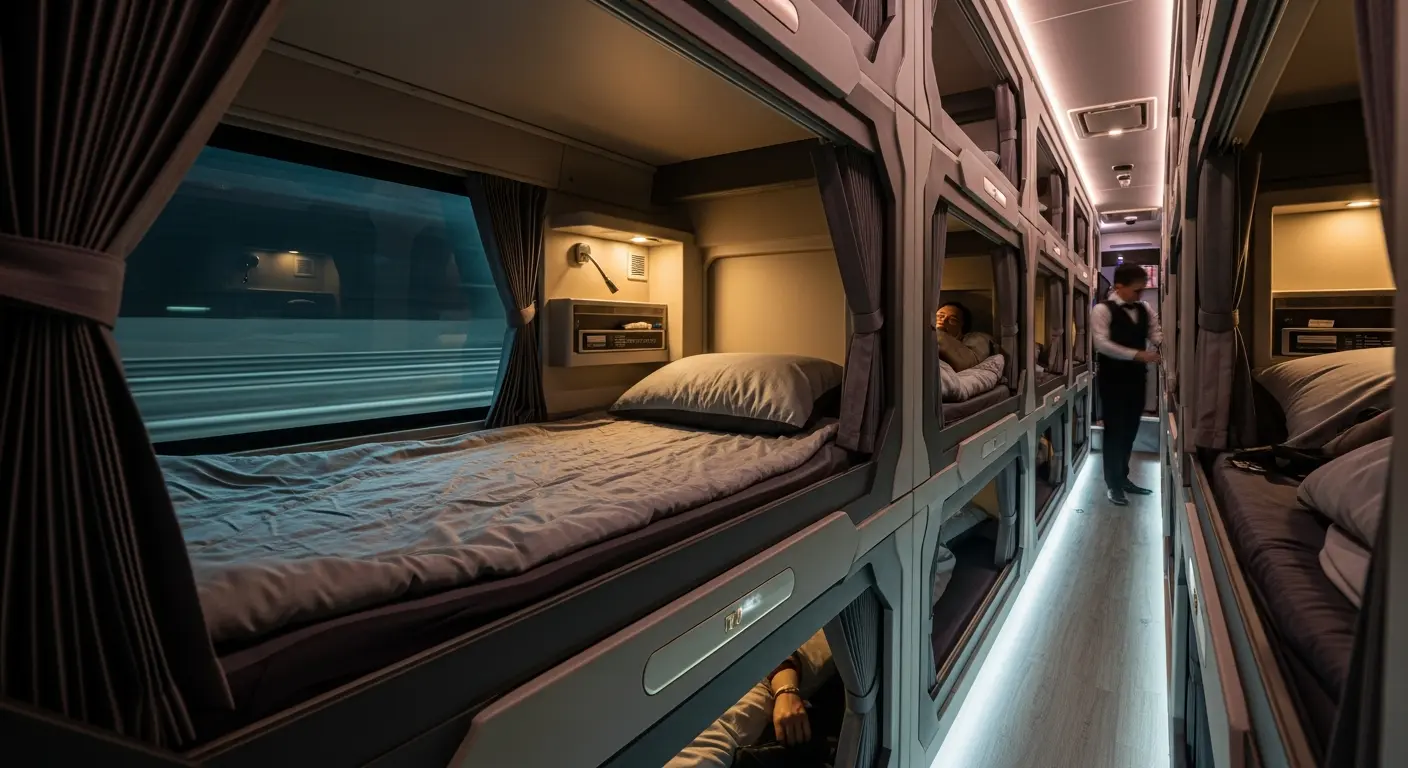 Nội thất xe limousine giường nằm cao cấp với các khoang ngủ riêng tư, cửa sổ lớn và tiện nghi hiện đại