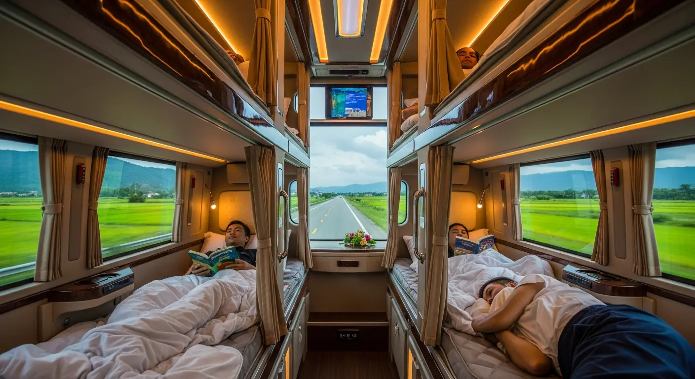 Nội thất xe limousine giường nằm cao cấp, hành khách thư giãn đọc sách và ngủ trên chặng đường qua cảnh quan đồng lúa xanh biếc