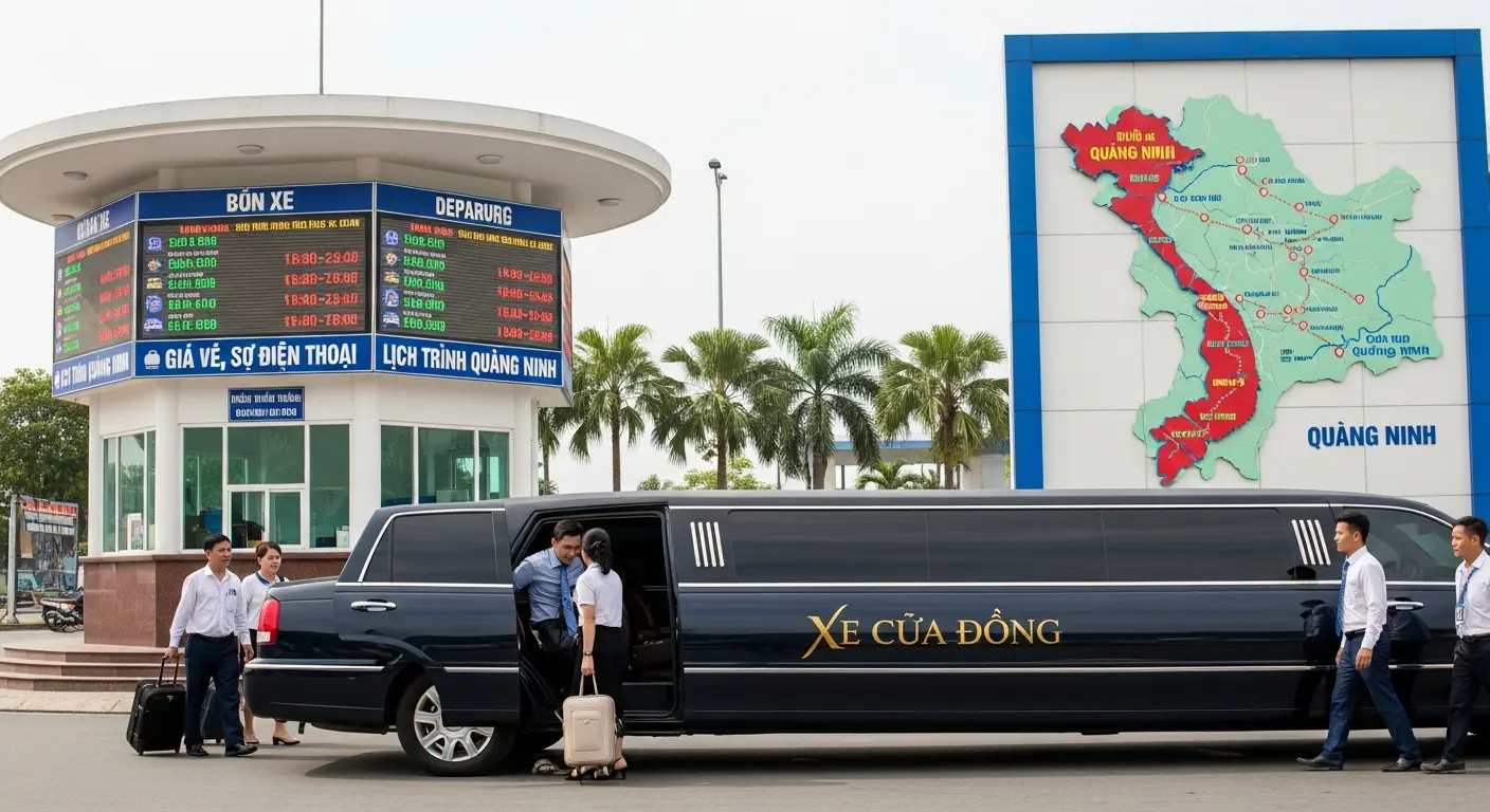 Black Xe Cửa Ông limousine with passengers and staff at a modern bus station featuring digital schedule boards, ticket information, phone numbers, and a large map of Quảng Ninh province, Vietnam.