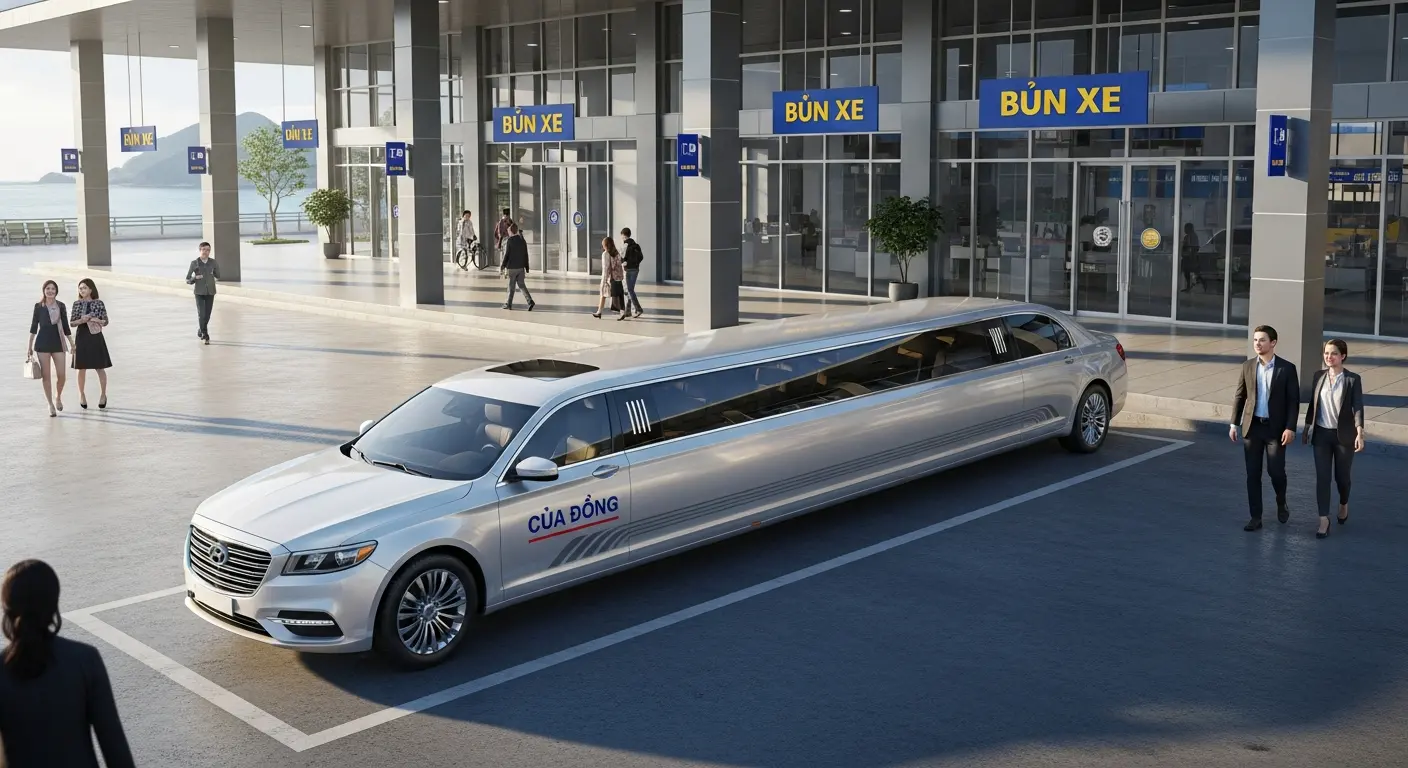 Long silver Cua Dong limousine parked at a modern transportation hub with passengers and 'BÚN XE' signs
