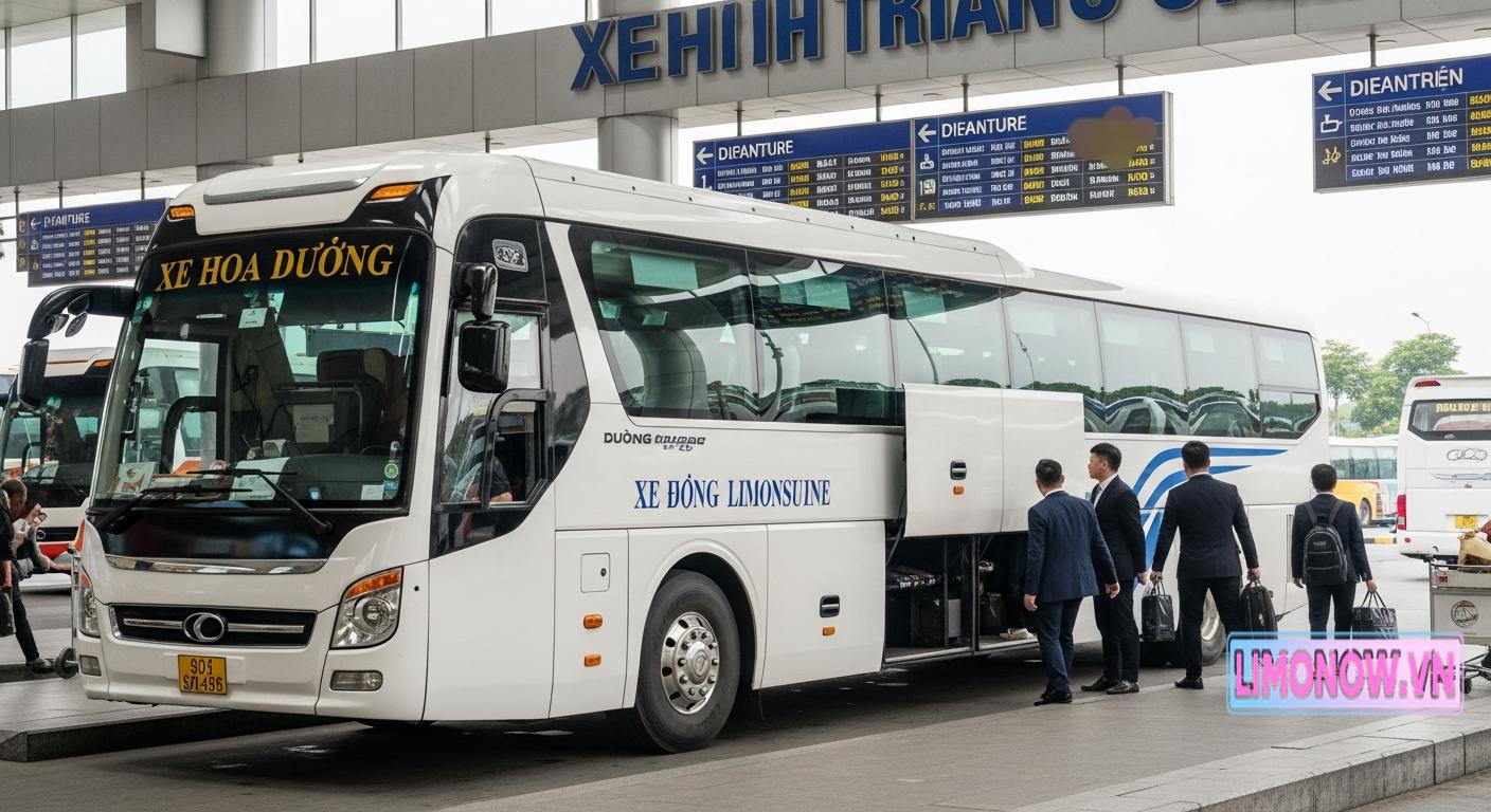 Xe limousine Xe Hoa Dương tại bến xe, hành khách chuẩn bị khởi hành