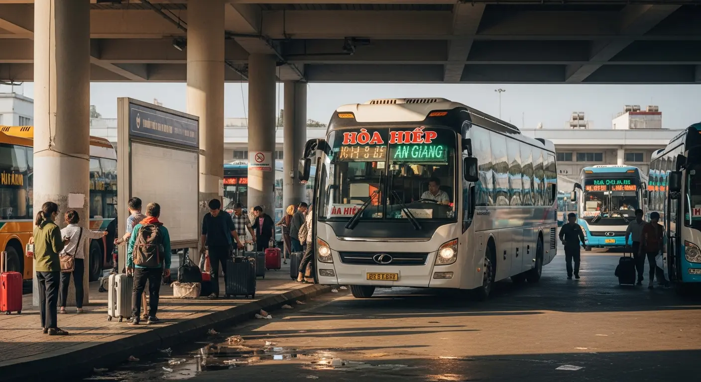Hình ảnh xe khách Hòa Hiệp tại bến xe, hành khách tấp nập chuẩn bị cho chuyến đi Sài Gòn – An Giang