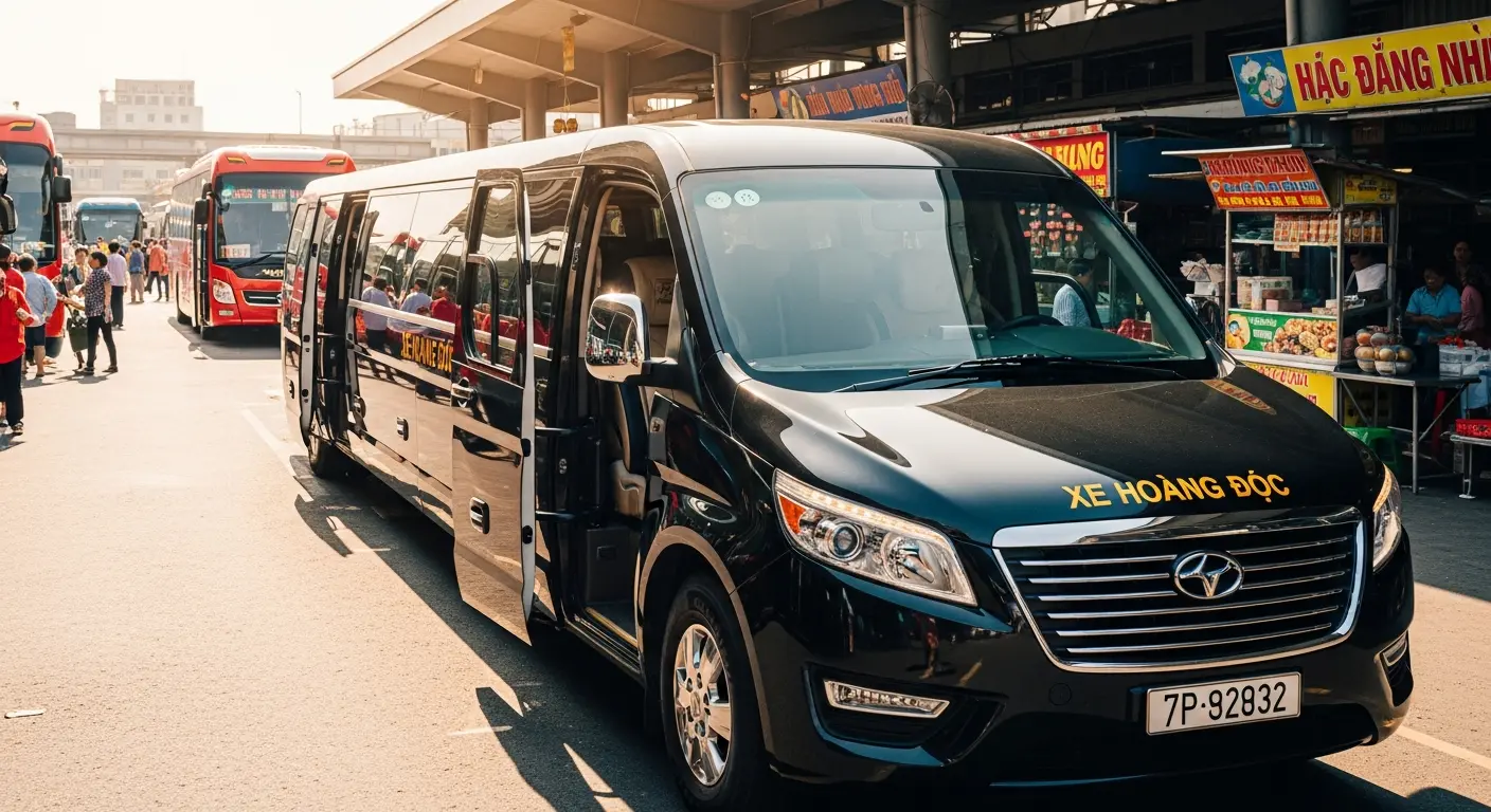 Black Hoàng Đức limousine van with an open door at a bustling Vietnamese bus station, surrounded by other buses and street vendors.