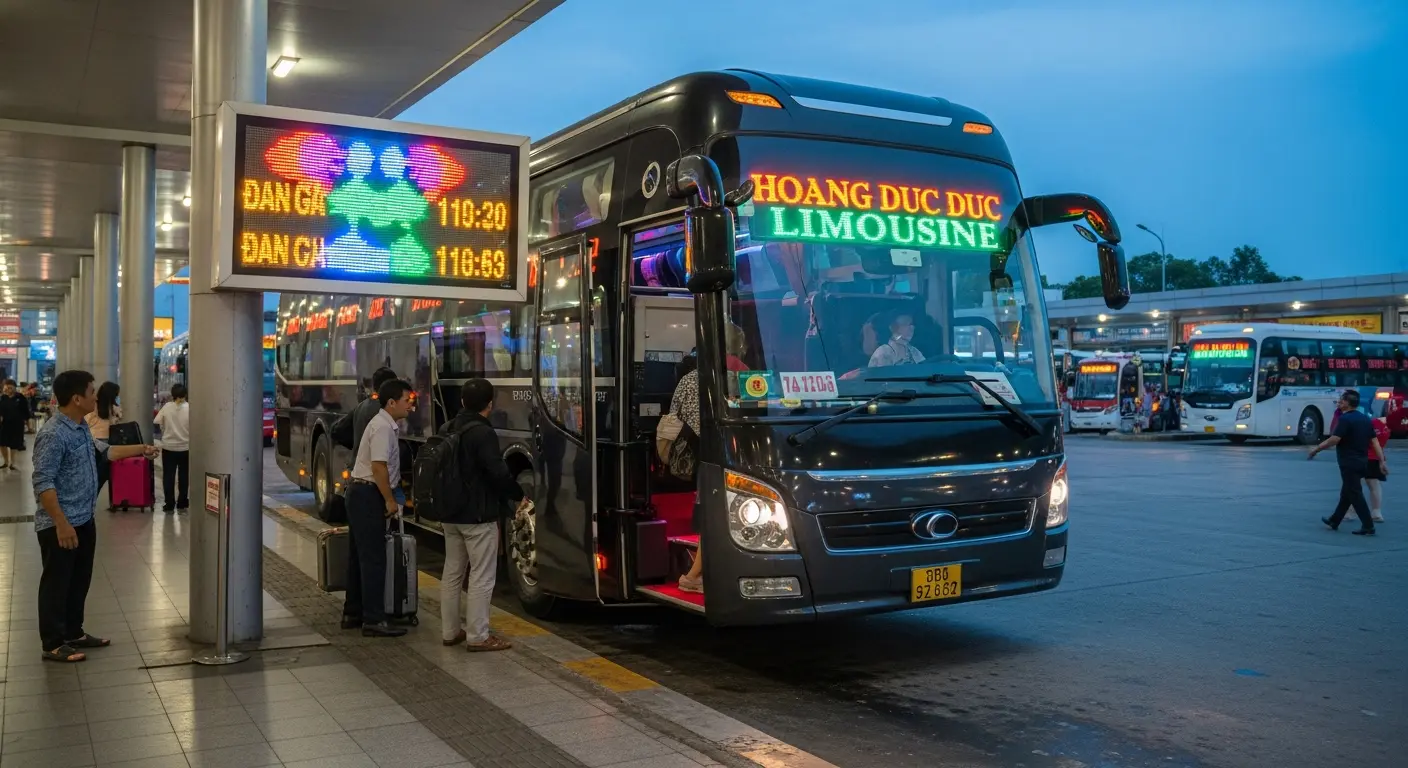 Black Hoang Duc Limousine bus at a busy bus terminal with passengers boarding and departure information displayed.