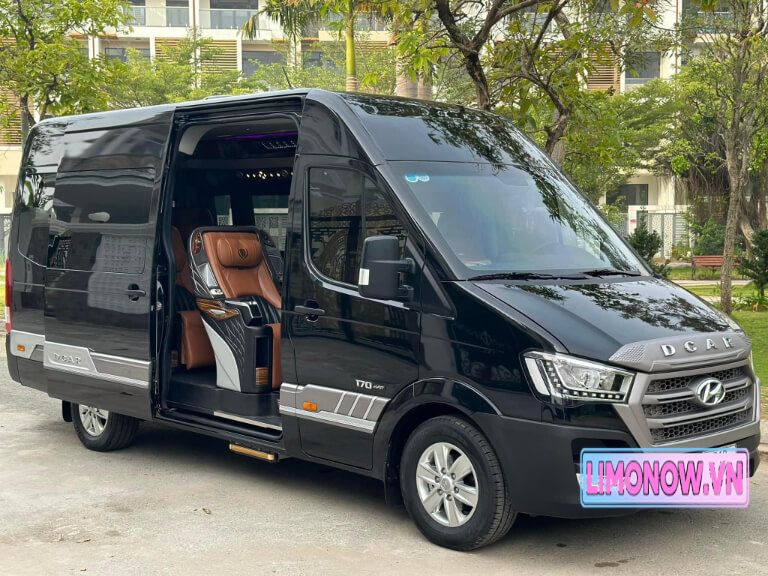 Xe DCar limousine màu đen sang trọng, nội thất da cao cấp, phù hợp cho chuyến du lịch Ninh Bình