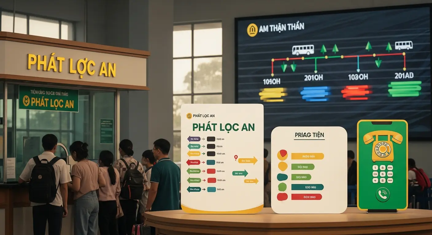 Chi tiết quầy vé Phát Lộc An tại bến xe, có hành khách xếp hàng mua vé, màn hình điện tử lịch trình tuyến xe buýt và bảng hướng dẫn đặt vé qua điện thoại.