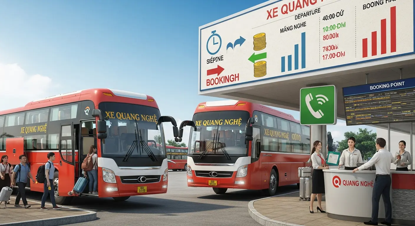 Bến xe Quang Nghị hiện đại với xe khách màu đỏ, hành khách lên xuống, quầy dịch vụ đặt vé và bảng thông tin chuyến đi