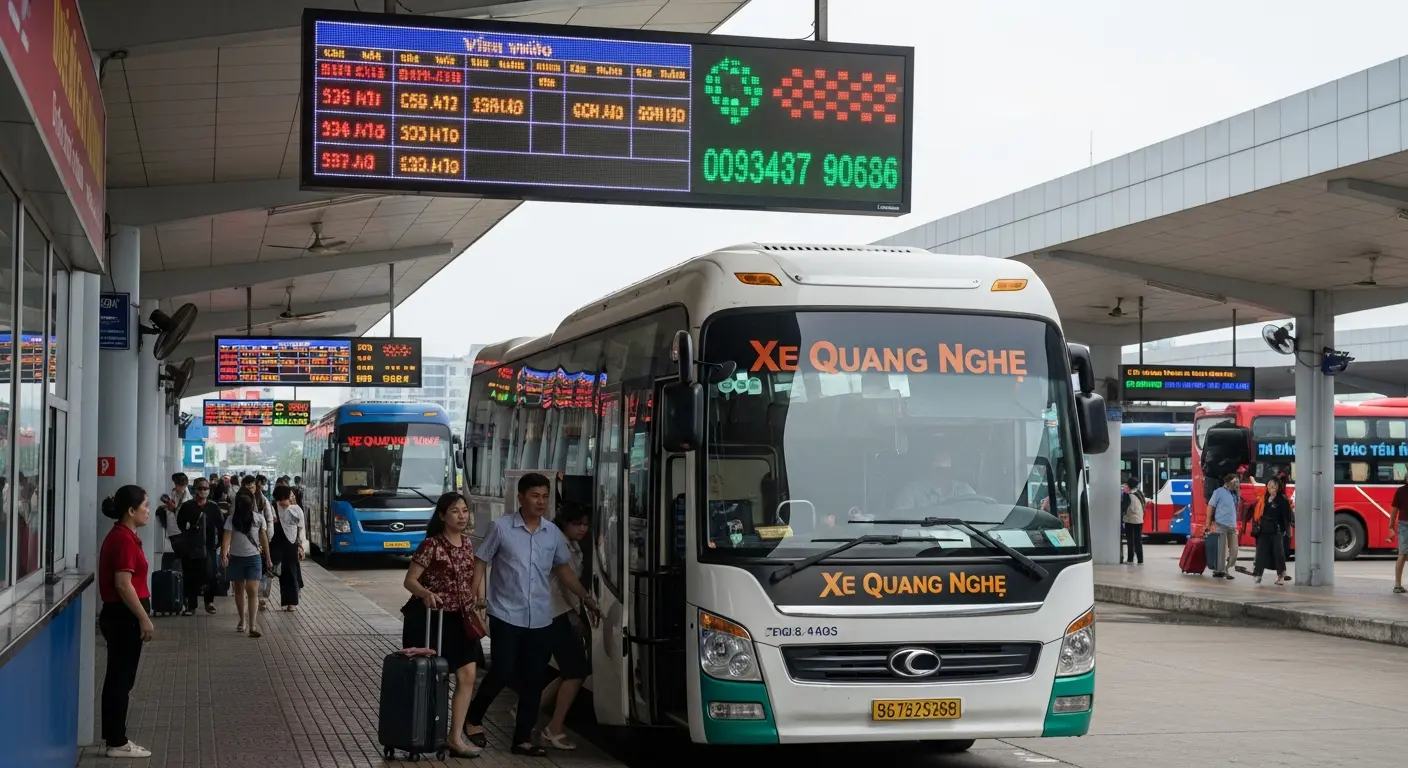 Xe khách Quang Nghệ tại bến xe, hành khách xuống xe với hành lý, bảng điện tử hiển thị lịch trình và thông tin đặt vé.
