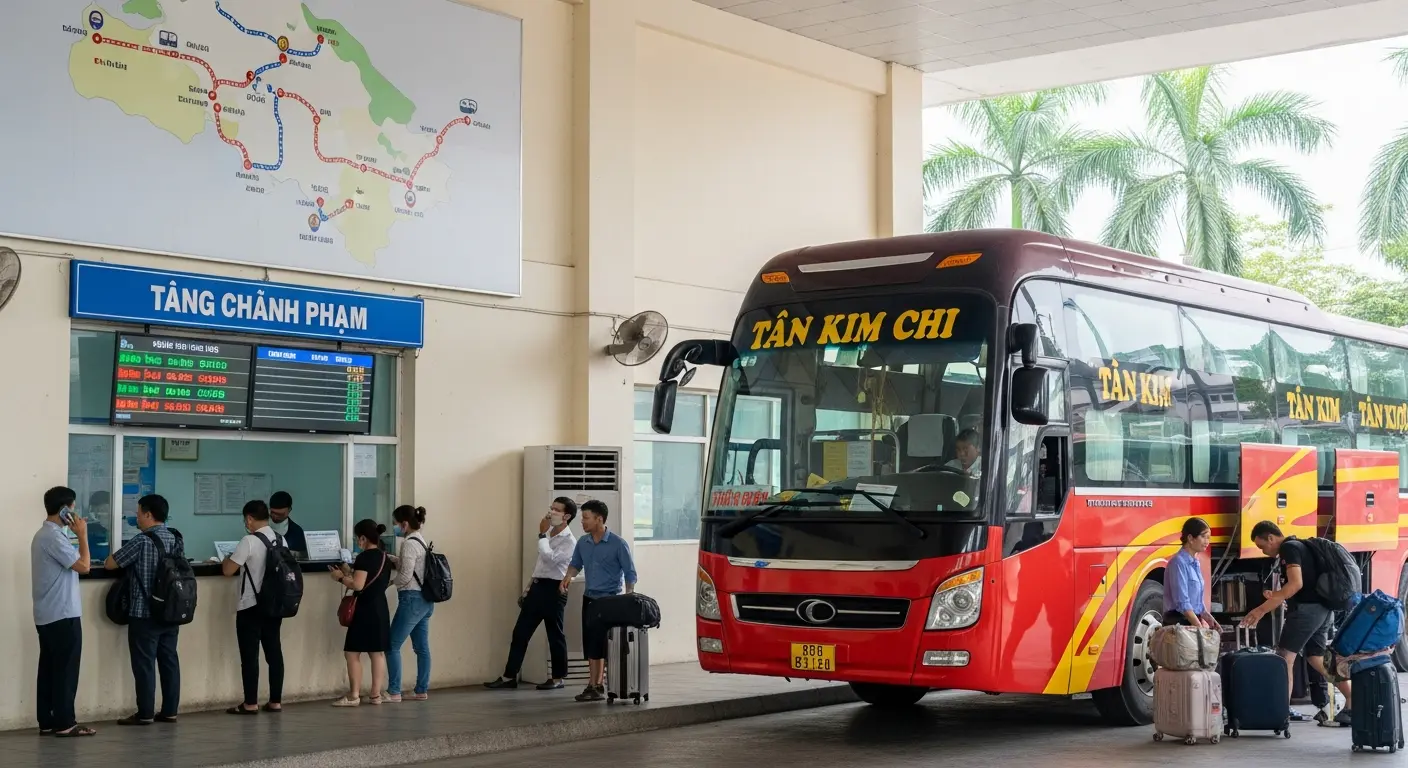 Xe Tân Kim Chi màu đỏ hiện đại đón khách tại bến xe, hành khách đang lên xe và xếp hành lý cho chuyến đi Đà Nẵng - Hà Nội.