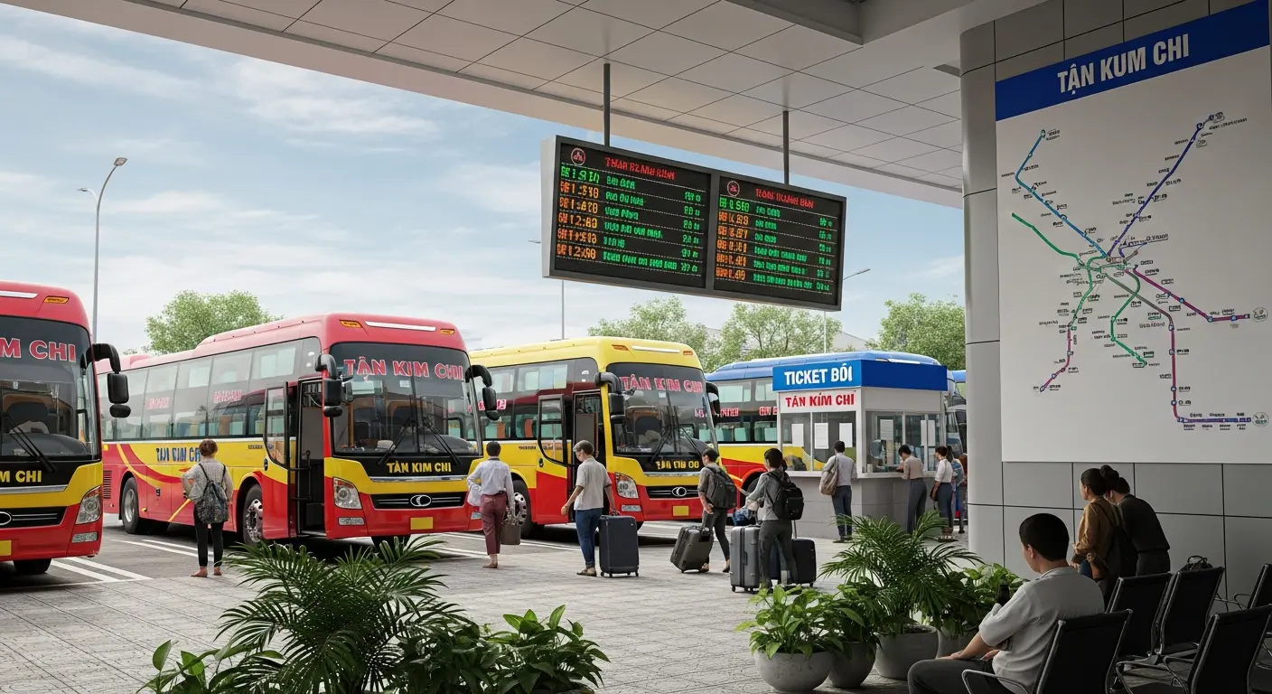 Bến xe khách Tân Kim Chi tấp nập, hiển thị bảng lịch trình, quầy vé và hành khách chuẩn bị cho chuyến đi.