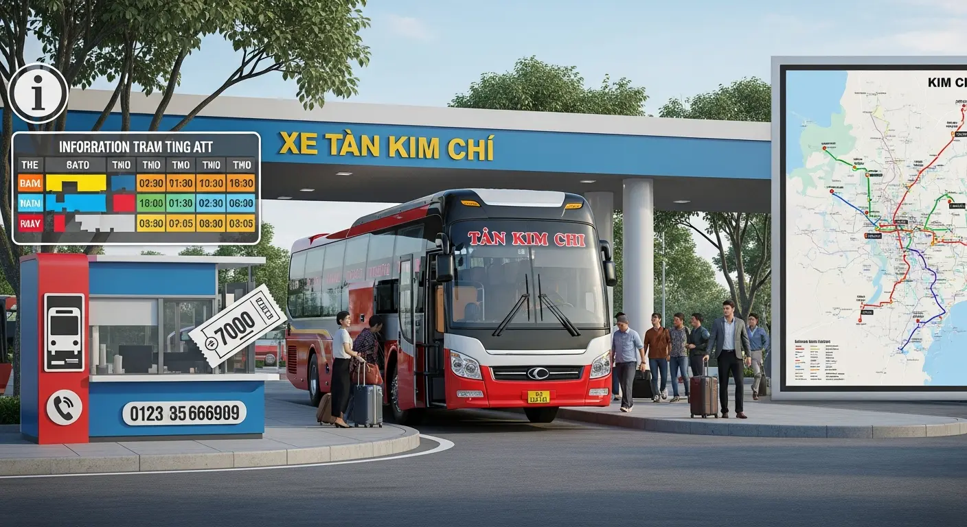 Cảnh quan bến xe Tân Kim Chi sôi động với hành khách, quầy vé và bảng lịch trình chi tiết, thông tin liên hệ.