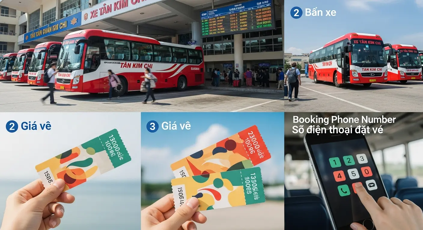 Bến xe, giá vé và thông tin đặt vé của hãng xe khách Tân Kim Chi, bao gồm hình ảnh xe buýt, vé và số điện thoại liên hệ.
