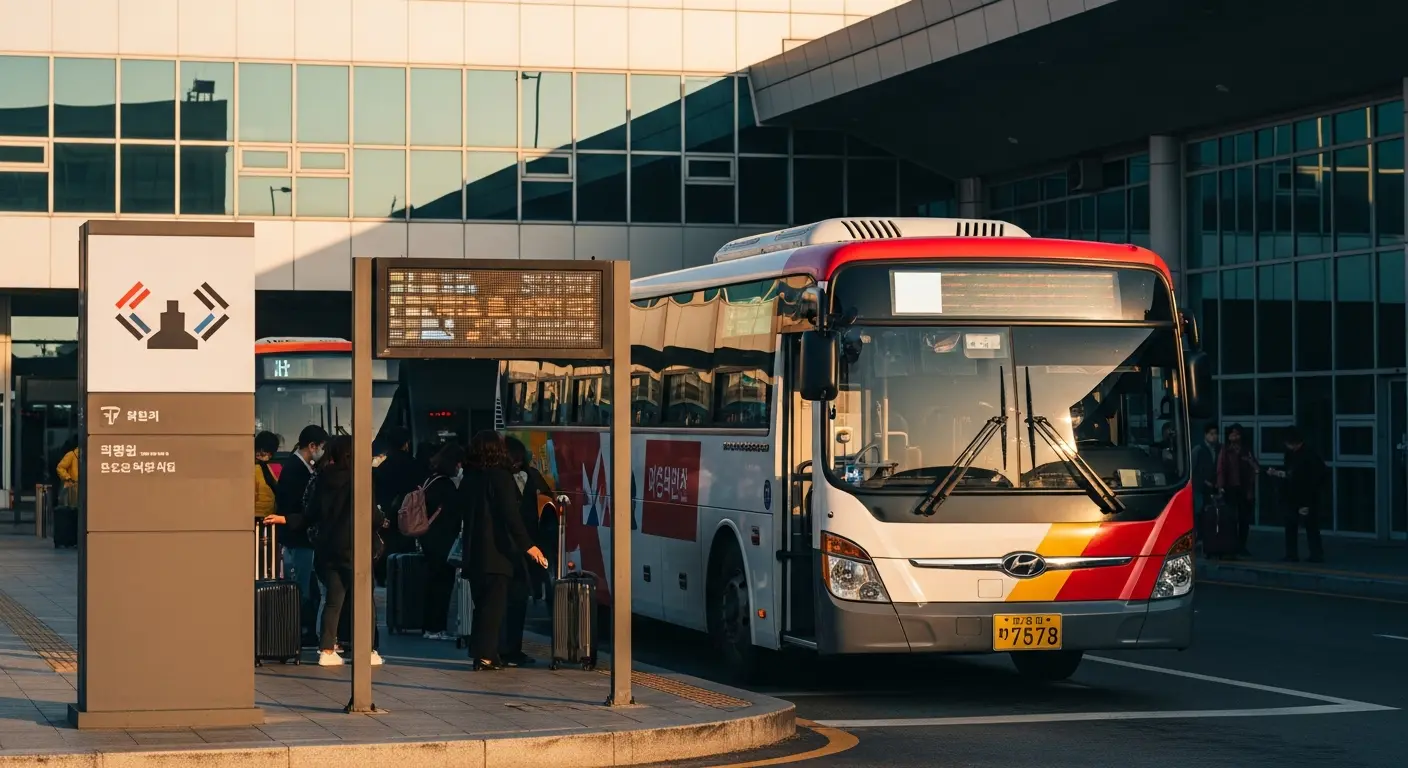 Bến xe buýt hiện đại ở Hàn Quốc với hành khách và xe buýt màu đỏ trắng