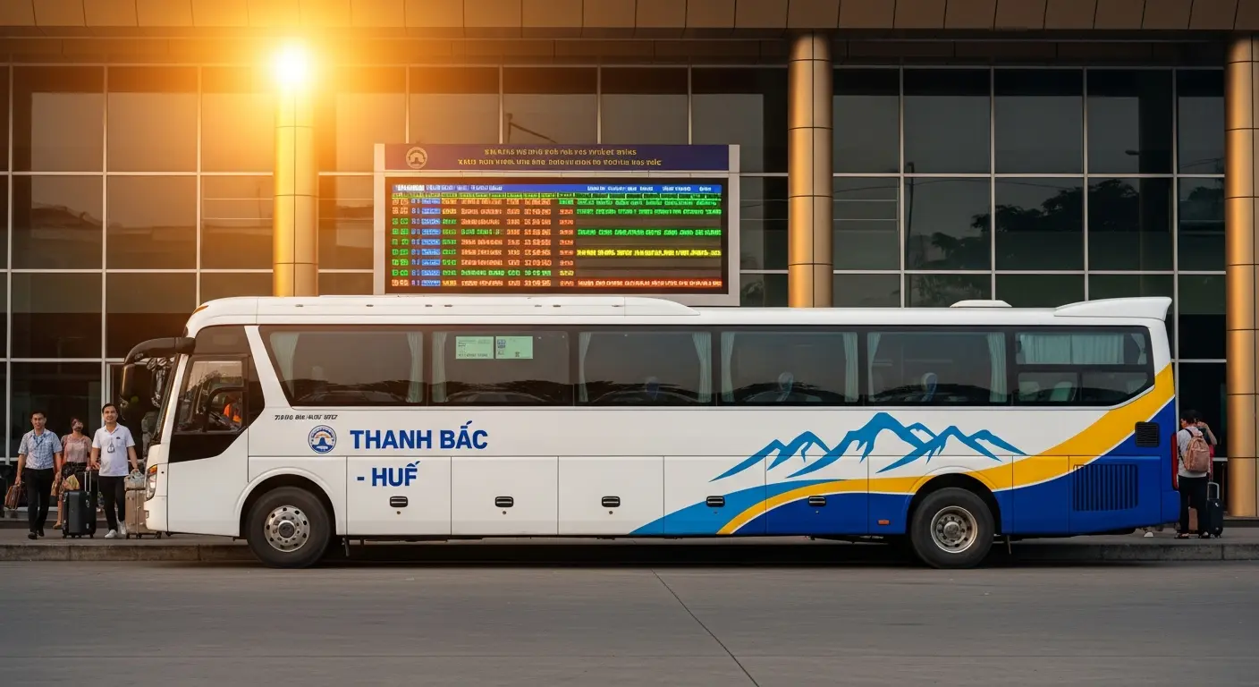 Xe limousine Thanh Bắc màu trắng xanh đậu tại bến xe hiện đại, với hành khách và bảng điện tử hiển thị thông tin.