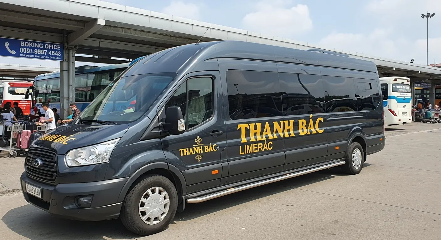 Xe limousine Thanh Bắc màu xám đậu tại bến xe hoặc sân bay, với biển hiệu số điện thoại đặt vé và hành khách di chuyển cùng hành lý.