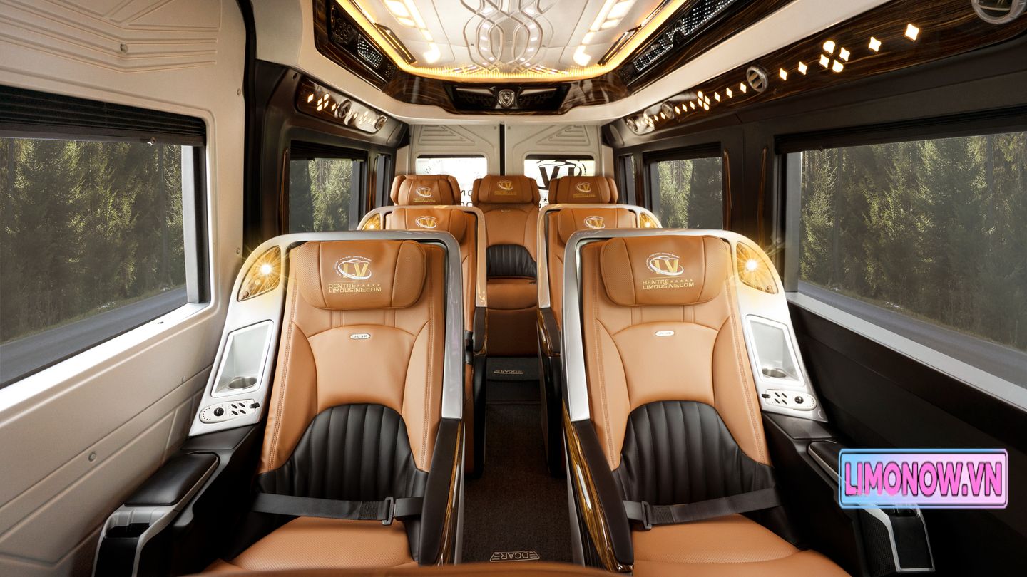 Nội thất sang trọng của xe limousine Thanh Bình Xanh với ghế da màu nâu và đèn chiếu sáng hiện đại