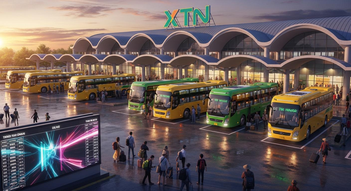 Bến xe khách hiện đại với nhiều xe buýt màu vàng, xanh lá, hành khách và bảng hiển thị lịch trình lớn