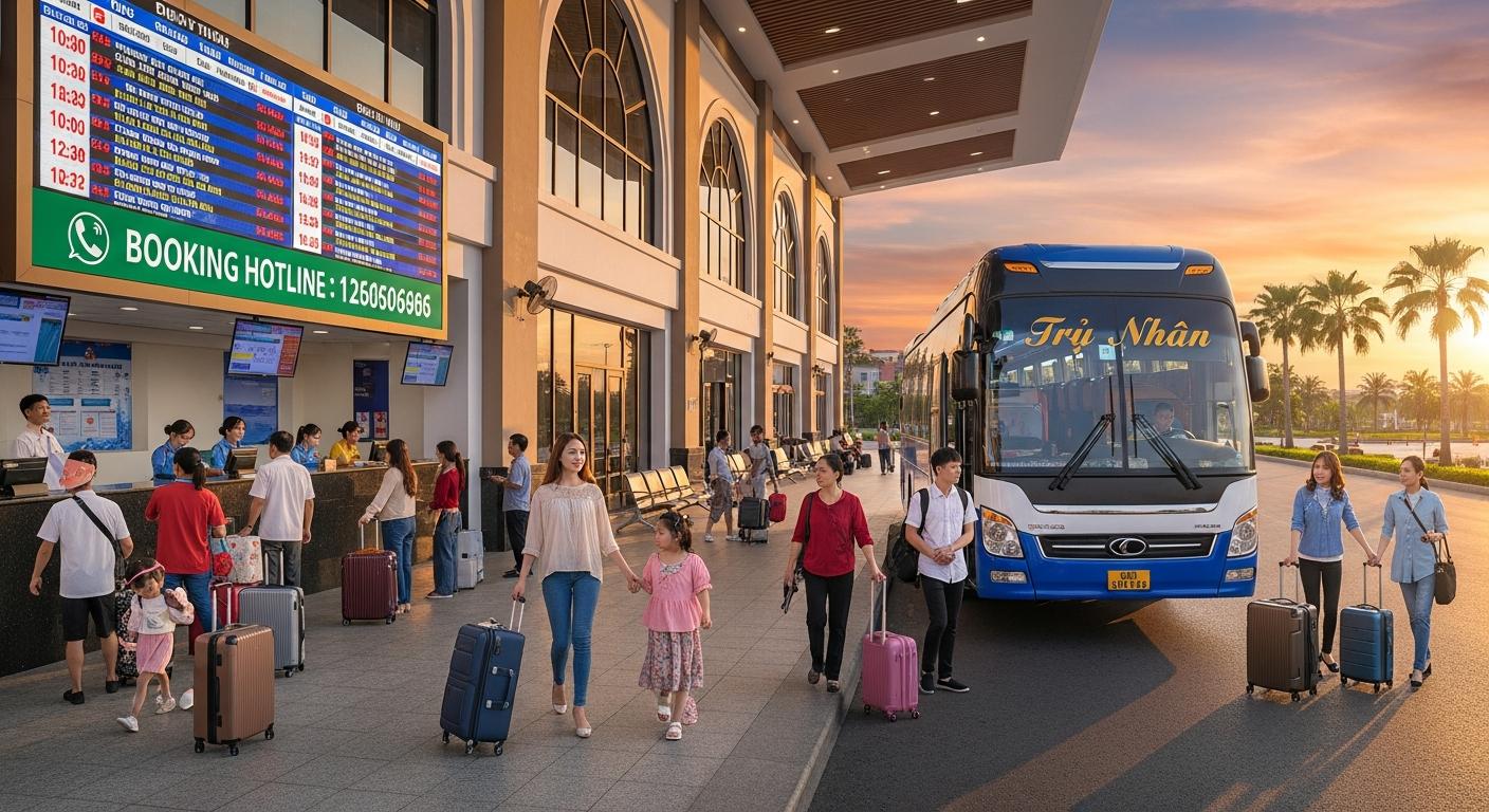 Xe khách Trí Nhân tại bến xe đông đúc lúc hoàng hôn, với hành khách và bảng thông tin đặt vé, số điện thoại tổng đài.