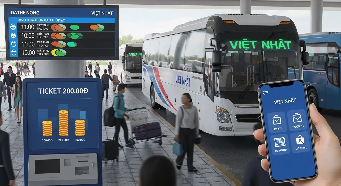 Bến xe Việt Nhật hiện đại với màn hình lịch trình chuyến đi, máy bán vé tự động, và ứng dụng đặt vé trên điện thoại thông minh, xung quanh là xe buýt và hành khách.