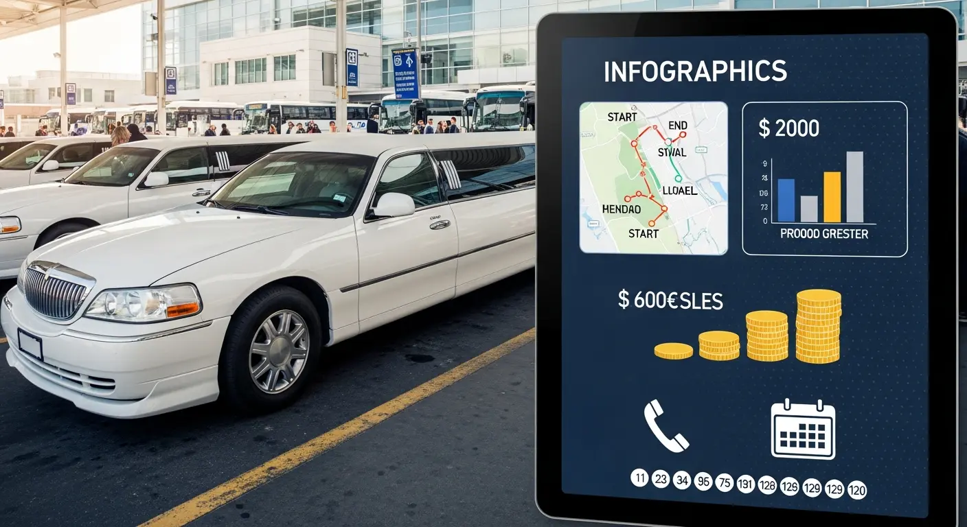 Xe limousine trắng sang trọng đậu tại bến xe, bên cạnh màn hình hiển thị infographic chi tiết về lịch trình, giá vé và thông tin liên hệ đặt xe.