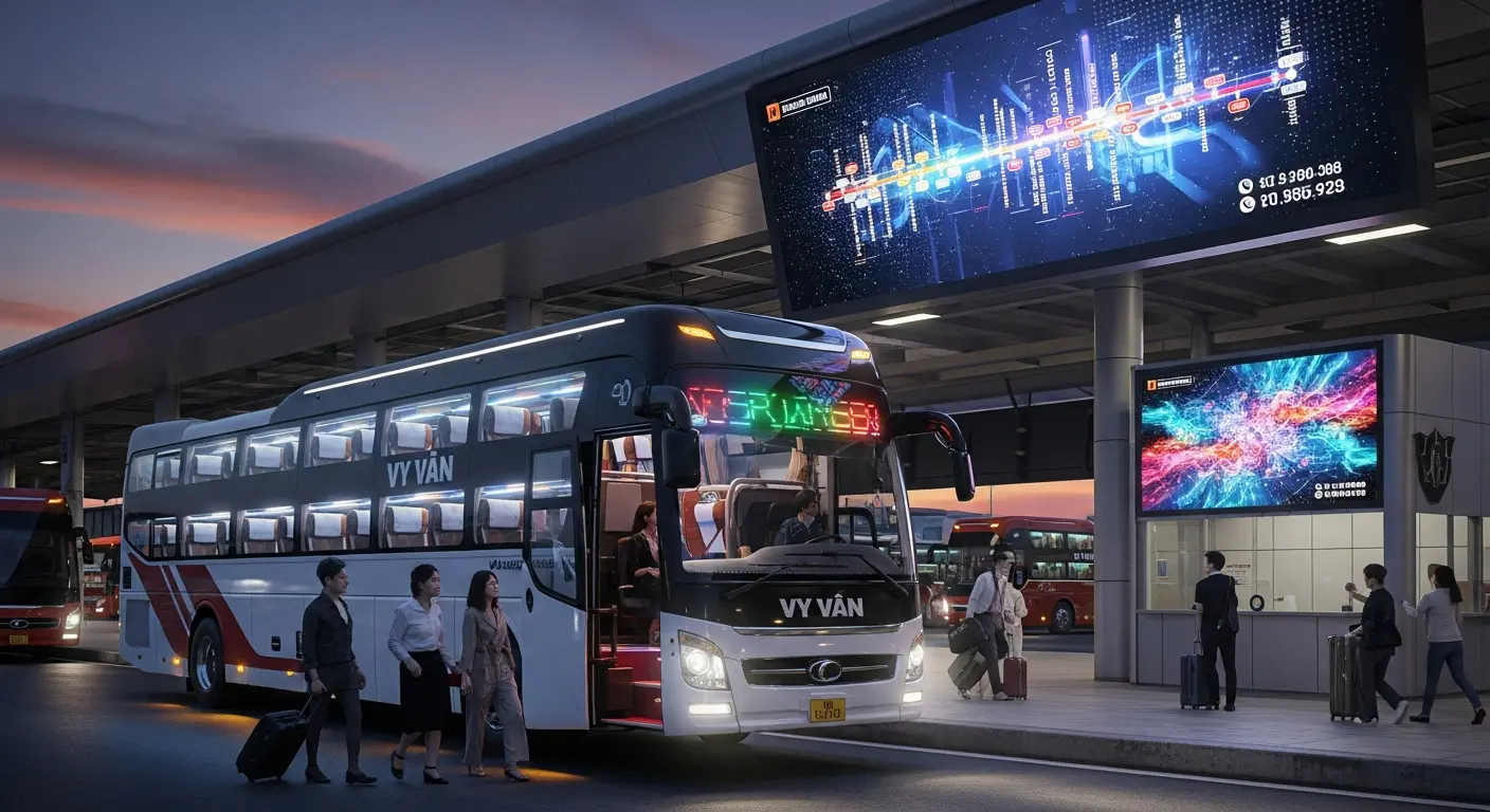Modern Vy Vân limousine bus at a busy bus station during twilight, with passengers and large digital display screens showing routes and contact information.