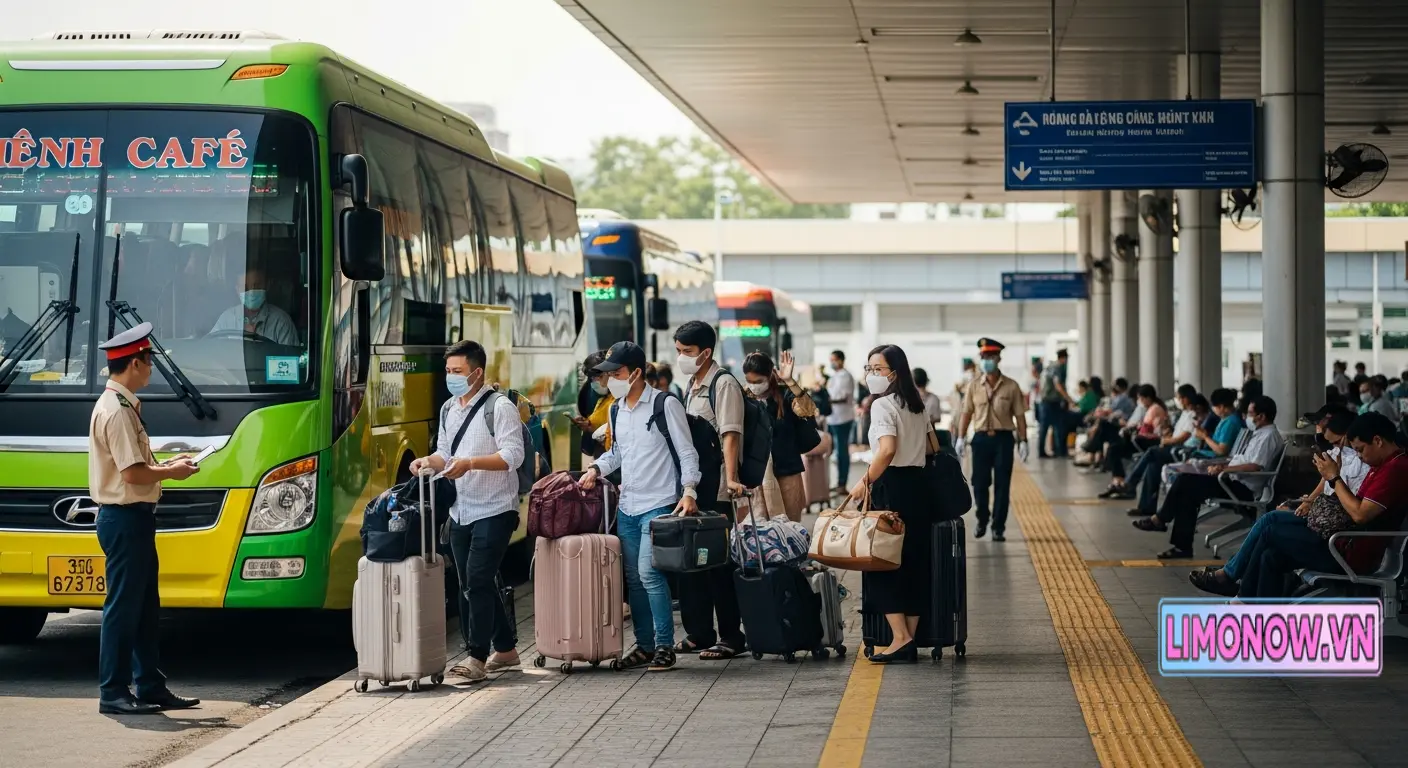 Hành khách lên xe khách Hạnh Cafe tại bến xe, mang theo hành lý