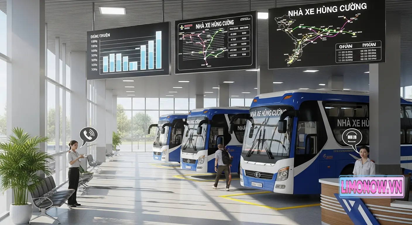 Nhà xe Hùng Cường: bến xe hiện đại với xe khách, màn hình thông tin lộ trình và lịch trình.