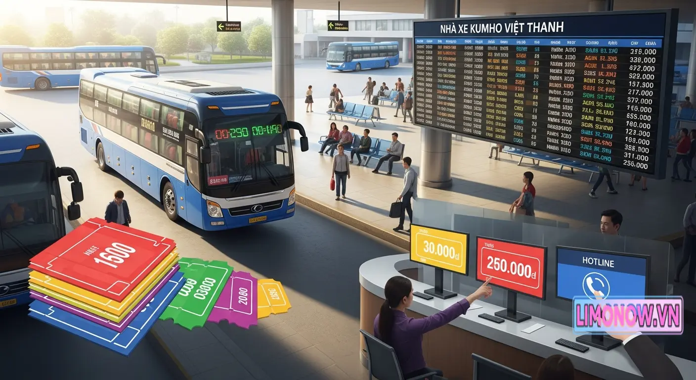 Bến xe Kumho Việt Thanh hiện đại với nhiều xe buýt, hành khách, bảng lịch trình điện tử và quầy vé hiển thị giá cùng số hotline đặt vé.