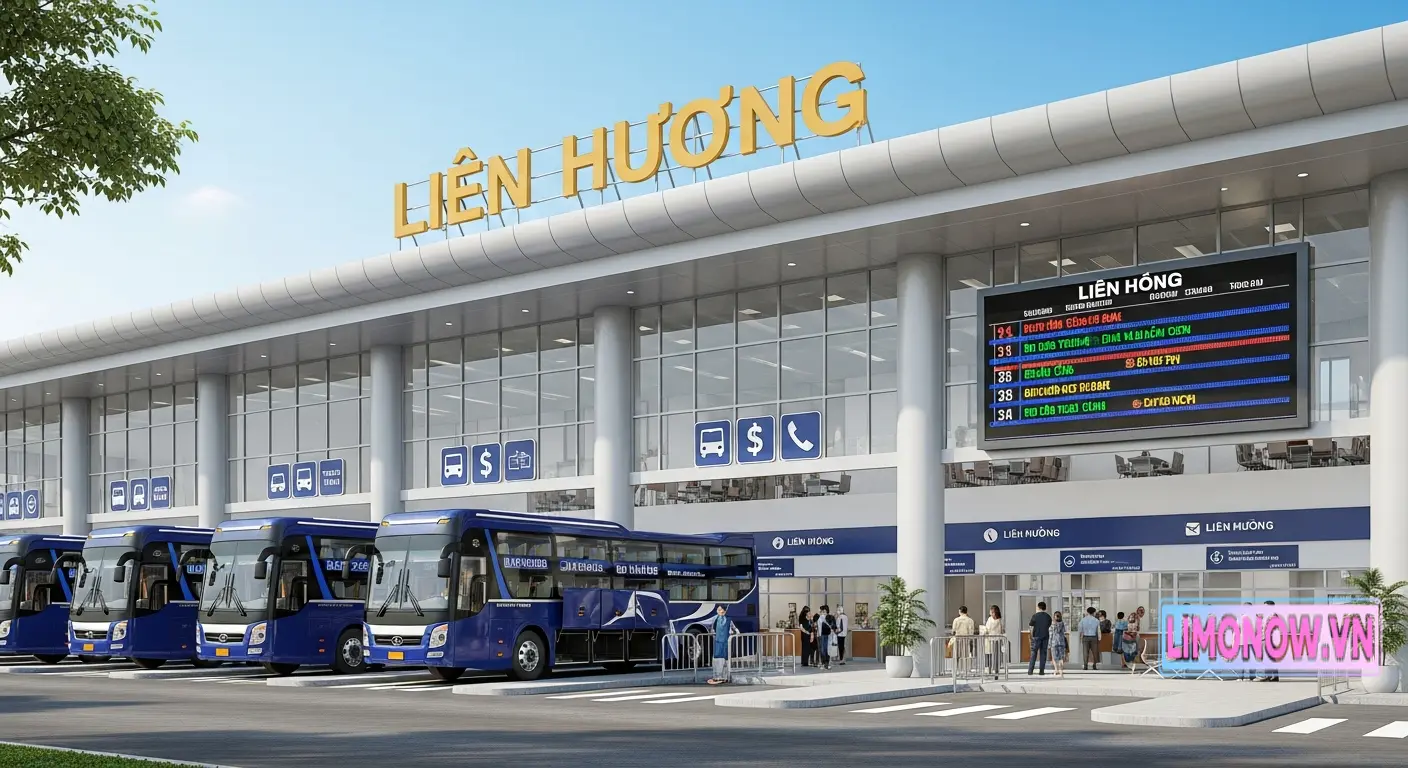 Bến xe Liên Hưng hiện đại với các xe buýt màu xanh đậu, bảng thông tin chuyến đi và hành khách phía trước.