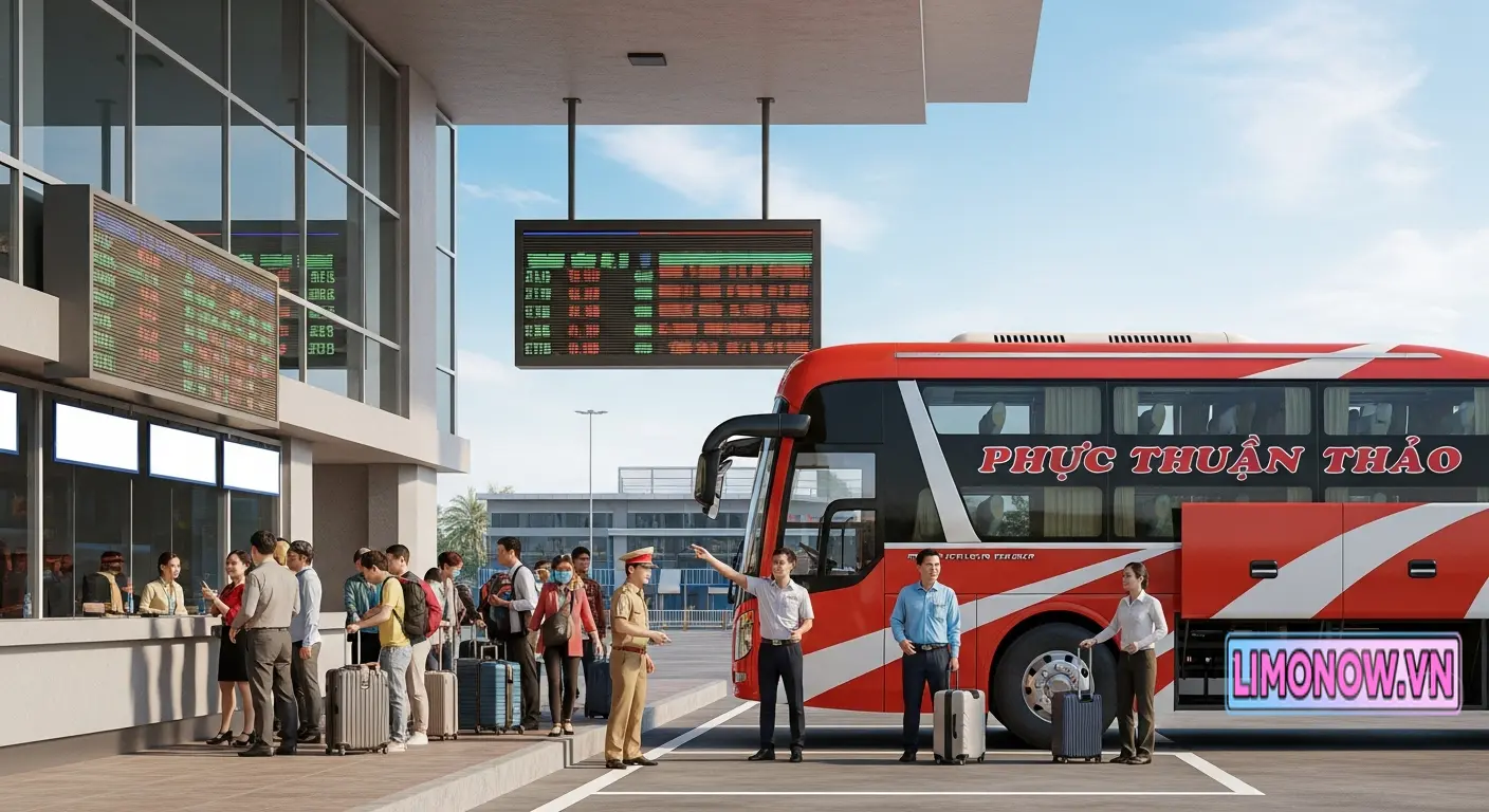 Nhà xe Phúc Thuận Thảo tại bến xe, hành khách mua vé và lên xe buýt