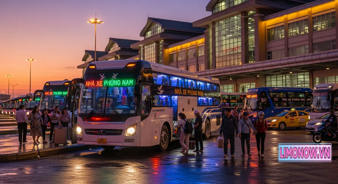 Bến xe Phương Nam nhộn nhịp vào buổi tối với xe khách và hành khách